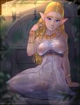  1girl areolae blonde_hair blue_eyes blush bracelet breasts clitoris dress lips necklace nintendo nipples oppai_magpie pointy_ears princess_zelda pussy the_legend_of_zelda the_legend_of_zelda:_breath_of_the_wild thighs triforce uncensored water wet wet_clothes white_dress 