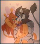  &lt;3 2018 5_fingers anthro athletic biceps canine chest_grab collar crotch_grab cuddling digital_media_(artwork) duo ear_piercing embrace feline fox grabbing_from_behind green_eyes grope hair hand_holding hybrid kiro_cat kitune lion long_hair looking_at_partner love male male/male mammal mostly_nude muscular nude piercing purple_eyes quadra romantic wolf 