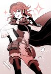  anna_(fire_emblem) blush cape fire_emblem fire_emblem_musou gloves hat highres long_hair looking_at_viewer monochrome nakabayashi_zun one_eye_closed ponytail simple_background smile solo 