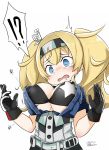  arms_up bikini_top blonde_hair blue_eyes blue_shirt blush breasts bursting_breasts buttons cleavage commentary_request flying_button gambier_bay_(kantai_collection) gloves hairband highres kantai_collection large_breasts long_hair nassukun open_clothes open_mouth open_shirt popped_button shirt solo surprised tears twintails upper_body wardrobe_malfunction white_shirt 