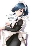  alternate_costume apron apron_lift black_hair braid braided_bun dial16yoi enmaided from_side hair_bun hair_over_one_eye hayashimo_(kantai_collection) highres kantai_collection lifted_by_self looking_at_viewer looking_to_the_side maid maid_apron maid_headdress purple_eyes simple_background smile solo white_background 