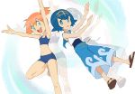  2girls aqua_eyes armpits arms_up bare_shoulders bikini blue_bikini blue_eyes blue_hair blue_pants blue_sailor_collar blue_swimsuit brown_footwear capri_pants collarbone covered_navel eyebrows_visible_through_hair feet female full_body hair_tie hairband kasumi_(pokemon) leg_up looking_at_viewer matching_hair/eyes midriff multiple_girls navel nyonn24 one-piece_swimsuit open_mouth orange_hair outline pants pokemon pokemon_(anime) pokemon_sm pokemon_sm_(anime) sailor_collar sandals shirt short_hair side_ponytail sleeveless sleeveless_shirt smile sports_bikini suiren_(pokemon) swimsuit_under_clothes tied_hair white_shirt yellow_hairband 