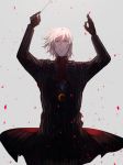  antonio_salieri_(fate/grand_order) black_gloves commentary_request conductor fate/grand_order fate_(series) formal gloves grey_hair hair_between_eyes highres jewelry krsm_(numa62114) long_sleeves looking_at_viewer necklace pinstripe_suit red_eyes red_scarf scarf silver_hair standing striped suit upper_body 