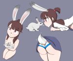  absurdres all_fours animal_ears ass breasts brown_hair bunny bunny_ears bunny_tail cleavage grey_background highres kagari_atsuko little_witch_academia medium_breasts nude panties pudgeruffian red_eyes short_hair short_ponytail solo tail tail_wagging underwear 