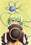  black_hat blush commentary_request east01_06 green_eyes green_hair hair_between_eyes hat hat_ribbon heart heart_of_string highres komeiji_koishi long_sleeves looking_at_viewer ribbon short_hair touhou wide_sleeves 