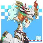  2017 android armor blue_hair character_request commentary_request copyright_request english from_side glasses headgear highres mecha tonami_kanji upper_body yellow_eyes 