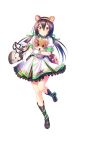  animal_ears bag black_footwear black_hair boots brown_eyes dress fake_animal_ears formation_girls full_body goggles_around_arm green_ribbon hair_ribbon hamster hamster_ears handbag highres long_hair looking_at_viewer low_twintails official_art ozaki_rin ribbon smile solo tenkuu_nozora transparent_background twintails white_dress 
