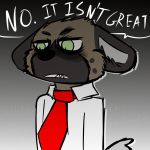  aggressive_retsuko clothing comic dialogue dress_shirt english_text fizzyjay gradient_background haida male necktie red_tie sanrio shirt simple_background solo text white_shirt 