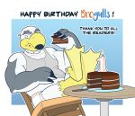  2016 annoyed anti_dev avian beak bird brogulls cake eating english_text food looking_at_viewer seagull sitting text wilson_(brogulls) 