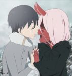  1girl bangs black_cloak black_hair blue_eyes cloak closed_eyes coat commentary couple crying darling_in_the_franxx fur_trim green_eyes grey_coat hetero highres hiro_(darling_in_the_franxx) holding_hand hood hooded_cloak horns interlocked_fingers long_hair oni_horns parka pink_hair red_horns red_skin s4chi signature spoilers tears winter_clothes winter_coat younger zero_two_(darling_in_the_franxx) 