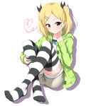  absurdres black_eyes black_ribbon blonde_hair blush cardigan collarbone cowboy_shot full_body green_cardigan grey_shorts hair_ribbon highres kirikan long_hair mole mole_under_eye no_shoes open_cardigan open_clothes ribbon shirobako short_shorts shorts simple_background sitting smile solo striped striped_legwear thighhighs twintails white_background yano_erika 