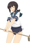  ;d black_hair blue_eyes blue_ribbon broom cowboy_shot eyebrows_visible_through_hair fubuki_(kantai_collection) holding holding_broom kantai_collection kugui_kiyunemu low_ponytail neck_ribbon one_eye_closed open_mouth ribbon school_swimsuit school_uniform serafuku shirt short_hair short_ponytail short_sleeves simple_background smile solo swimsuit swimsuit_under_clothes thighs tied_shirt wet wet_clothes wet_shirt white_background 