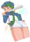  ass bad_id bad_pixiv_id baseball_bat baseball_cap baseball_uniform belt blue_hat commentary_request cropped_legs dark_skin from_behind from_below green_hair hand_on_hip hand_up hat highres holding long_hair long_sleeves looking_at_viewer looking_back mao_(pokemon) nyonn24 outline pantylines pokemon pokemon_(anime) pokemon_sm_(anime) rainbow shiny shiny_skin shirt short_over_long_sleeves short_shorts short_sleeves shorts smile solo sportswear standing tied_hair twintails white_background white_shorts 