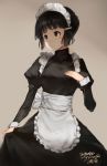  2018 alternate_costume apron black_hair braided_bun breasts brown_eyes cowboy_shot dated enmaided grey_background hair_bun hand_on_own_chest juliet_sleeves kantai_collection long_hair long_sleeves looking_to_the_side maid maid_apron maid_day maid_headdress medium_breasts myoukou_(kantai_collection) puffy_sleeves signature simple_background skirt skirt_tug solo toka_(marchlizard) 