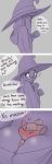  3koma absurdres animal between_breasts blush bow breasts cleavage comic english flying_sweatdrops glasses grey_background hat highres hood hood_down kagari_atsuko large_bow limited_palette little_witch_academia long_hair mouse multiple_girls pudgeruffian sweat ursula_charistes witch_hat 