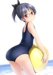  ass ball beach beachball black_ribbon brown_eyes cowboy_shot day from_behind glasses grey_hair hair_ribbon highres looking_at_viewer one-piece_swimsuit original outdoors ponytail ribbon school_swimsuit shibacha short_hair smile solo swimsuit 