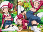  all_fours angry ass bag blush breasts brown_eyes brown_hair cameltoe gen_2_pokemon hat hat_ribbon kotone_(pokemon) medium_breasts natu nipples overalls poke_ball pokegear pokemoa pokemon pokemon_(creature) pokemon_(game) pokemon_hgss red_ribbon ribbon thighhighs torn_clothes 