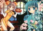  2girls :o absurdres aqua_eyes aqua_hair asymmetrical_clothes asymmetrical_legwear chinese_clothes chopsticks chuujou_kagetsu copyright_request dango double_bun dumpling flower food grin highres japanese_clothes kimono legs multiple_girls over-kneehighs round_window side_slit single_thighhigh smile thighhighs wagashi white_legwear window 