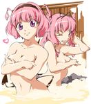  adjusting_hair alternate_breast_size bangs bathing blush breasts covering demon_tail fence from_side grin hair_ribbon hairband heart light_smile long_hair looking_at_viewer momo_velia_deviluke multiple_girls nana_asta_deviluke navel one_eye_closed onsen pink_hair purple_eyes ribbon rock short_hair siblings sisters small_breasts smile tail to_love-ru twins twintails two_side_up umanosuke upper_body wading water wooden_fence 