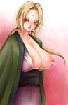  areola_slip areolae blonde_hair breasts cleavage facial_mark forehead_mark huge_breasts japanese_clothes long_hair naruto nipples open_clothes red_eyes rimo_(shunlovej) shunlovej solo tsunade 