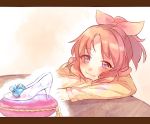  abe_nana bow commentary_request hair_bow head_on_arm idolmaster idolmaster_cinderella_girls letterboxed long_sleeves orange_eyes orange_hair ponytail shoes sitting smile solo table zakko_(si-is) 