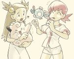  &gt;_&lt; +++ 2girls :d ^_^ akane_(pokemon) bangs bare_arms breasts brown_hair carrying cheek_pull clefairy closed_eyes cowboy_shot donnpati dress eyelashes fingernails flying_sweatdrops furrowed_eyebrows gen_1_pokemon grey_eyes gym_leader hair_bobbles hair_ornament hands_up holding holding_pokemon laughing legs_apart long_hair looking_at_another magnemite magnet medium_breasts mikan_(pokemon) multiple_girls open_mouth pink_hair pokemon pokemon_(creature) pokemon_(game) pokemon_gsc screw shirt short_hair short_sleeves shorts simple_background smile standing straight_hair sugimori_ken_(style) sweat tongue twintails two_side_up white_dress white_shirt white_shorts 