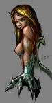  2007 animal_humanoid breasts claws dragon_humanoid female geckzgo grey_background hair horn humanoid long_hair nipples nude scared simple_background solo tears transformation 