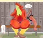  absurd_res anthro avian beak big_breasts bikini blaziken blonde_hair blue_eyes breasts butt clothed clothing dialogue digital_media_(artwork) dildo english_text equine_dildo female hair hi_res jonathan0322 locker_room looking_at_viewer nintendo pok&eacute;mon pok&eacute;mon_(species) sex_toy smile solo strapon sweat swimsuit text thick_thighs topless towel underwear video_games wide_hips 