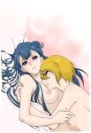  bed_sheet blonde_hair blue_eyes blue_hair blush breasts commentary_request girl_on_top hair_bun highres hug hugtto!_precure kagayaki_homare lips long_hair lying medium_breasts multiple_girls nipples nude on_back pillow precure sabachiyo_land short_hair yakushiji_saaya yellow_eyes yuri 