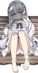  bandaged_feet bandaid bandaid_on_knee bangs bare_shoulders barefoot blush closed_mouth collarbone commentary dress eyebrows_visible_through_hair feet girls_frontline hair_between_eyes hair_ornament head_tilt kuro_(kuronell) long_hair nose_blush on_bench panties purple_eyes ribeyrolles_1918_(girls_frontline) silver_hair simple_background sitting sleeveless sleeveless_dress solo toenails underwear very_long_hair white_background white_dress white_panties 