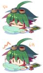  ahoge chibi green_hair green_pants green_pillow lying male_focus multicolored_hair on_stomach pants pillow red_hair rento_(rukeai) sakaki_yuuya sleeping spiked_hair triangle_mouth waking_up yuu-gi-ou yuu-gi-ou_arc-v 