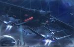  aircraft airplane blue commentary_request dated dust highres landing_gear light_rays mecha military military_uniform multiple_boys night night_sky original outdoors rapama science_fiction sky standing uniform 