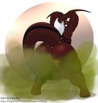  2018 anthro balls bat big_balls big_butt big_tail black_markings black_scales brown_fur butt digimon digital_media_(artwork) dragon duo english_text fart fart_cloud fur gold_markings grin hair hands_behind_head hi_res hindpaw horn huge_balls huge_butt huge_tail hybrid looking_at_viewer male mammal mane markings miasmagrowlmon nude paws red_scales scales simple_background skunk smile standing text thick_thighs viola viola_bat white_hair yellow_eyes 