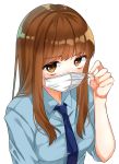  absurdres blue_neckwear blush breasts brown_eyes brown_hair collared_shirt etto_eat eyebrows_visible_through_hair highres long_hair looking_at_viewer mask medium_breasts necktie original school_uniform shirt short_sleeves solo surgical_mask upper_body 