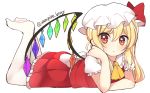  :/ ascot bangs bare_arms blonde_hair blush bow closed_mouth collared_shirt eyebrows eyebrows_visible_through_hair flandre_scarlet frilled_shirt_collar frilled_skirt frills full_body gem hair_between_eyes hat hat_bow legs_up long_hair looking_at_viewer lying miniskirt mob_cap on_stomach orange_eyes ougi_hina pantyhose pleated_skirt puffy_short_sleeves puffy_sleeves red_bow red_skirt red_vest shirt short_sleeves side_ponytail simple_background skirt solo the_pose touhou twitter_username vest white_background white_hat white_legwear white_shirt wings yellow_neckwear 