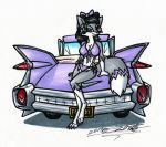  anthro big_breasts breasts canine car claws clothing female fox foxy_caine mammal nude paws purple_eyes sketchywolf-13 swimsuit traditional_media_(artwork) vehicle 