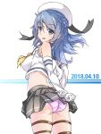  2018 absurdres ass blue_eyes blue_hair breasts cowboy_shot crop_top dated double_bun elbow_gloves eyebrows_visible_through_hair from_behind gloves grey_skirt grin hair_between_eyes harukawa_(hal501) hat highres kantai_collection large_breasts looking_at_viewer looking_back midriff neckerchief panties pantyshot pantyshot_(standing) pink_panties pleated_skirt sailor_hat school_uniform serafuku simple_background skindentation skirt sleeves_rolled_up smile solo standing thigh_strap underwear urakaze_(kantai_collection) white_background white_gloves yellow_neckwear 