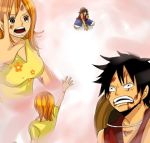  1boy 1girl black_eyes black_hair blush couple crying hat monkey_d_luffy nami_(one_piece) one_piece orange_hair pirate short_hair smile straw_hat_pirates tattoo 