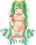  bangs bare_arms bare_shoulders bow breasts cameltoe collarbone eyebrows_visible_through_hair green_eyes green_hair hair_between_eyes hair_bow highres long_hair medium_breasts navel no_shoes original owafu red_bow sidelocks simple_background sitting soles solo spread_legs striped striped_legwear thighhighs twintails very_long_hair white_background 