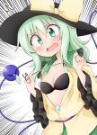  black_bra black_hat blush bow bra breasts collarbone commentary_request emphasis_lines eyebrows_visible_through_hair frilled_shirt_collar frills green_eyes green_hair green_skirt hands_up hat hat_bow head_tilt highres komeiji_koishi long_sleeves looking_at_viewer medium_breasts medium_hair open_mouth shirt simple_background skirt solo suwa_yasai sweatdrop third_eye touhou translation_request underwear upper_body white_background wide_sleeves yellow_bow yellow_shirt 