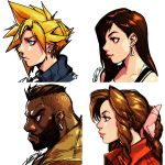  2girls absurdres aerith_gainsborough album_cover barret_wallace beard blonde_hair blush bow brown_hair cloud_strife collage cover dark_skin earrings facial_hair final_fantasy final_fantasy_vii from_side hair_bow hair_over_one_eye highres jewelry lips long_hair mohawk multiple_boys multiple_girls robert_porter short_hair sidelocks spiked_hair tifa_lockhart turtleneck undercut very_dark_skin very_short_hair 