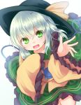  :d baram black_hat bow commentary_request eyebrows_visible_through_hair floral_print frilled_shirt_collar frills green_eyes green_hair green_skirt hair_between_eyes hands_up hat hat_bow heart heart_of_string komeiji_koishi long_sleeves looking_at_viewer open_mouth shirt short_hair simple_background skirt sleeves_past_fingers sleeves_past_wrists smile solo third_eye touhou white_background wide_sleeves yellow_bow yellow_shirt 