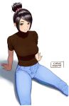  arm_support artist_name bangs black_hair blue_pants blush breasts brown_eyes brown_sweater carlo_montie denim hair_bun hair_ornament hairclip highres jeans large_breasts original pants shirt short_hair short_sleeves sitting smile solo sweater swept_bangs taut_clothes taut_shirt 