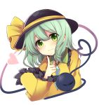  absurdres black_hat blush bow commentary_request cropped_torso eyebrows_visible_through_hair finger_to_face frilled_shirt_collar frills green_eyes green_hair hair_between_eyes hat hat_bow head_tilt heart heart-shaped_pupils heart_of_string highres index_finger_raised komeiji_koishi long_sleeves looking_at_viewer ruhika short_hair simple_background smile solo symbol-shaped_pupils third_eye touhou upper_body white_background wide_sleeves yellow_bow 