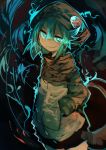  absurdres blue_hair commentary cowboy_shot eyebrows_visible_through_hair glowing glowing_eyes hands_in_pockets highres hood hoodie kaamin_(mariarose753) kemono_friends light_trail neon_trim short_hair smile smug snake_tail solo striped tail tsuchinoko_(kemono_friends) 