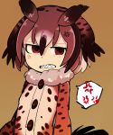  absurdres anger_vein angry arms_at_sides brown_coat brown_hair buttons clenched_teeth coat eurasian_eagle_owl_(kemono_friends) fur_collar hair_between_eyes half-closed_eyes highres kanmoku-san kemono_friends long_sleeves looking_at_viewer multicolored_hair red_eyes sharp_teeth short_hair simple_background solo spoken_anger_vein teeth upper_body 
