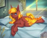  2018 bed blue_eyes digital_media_(artwork) equine fan_character feathers female friendship_is_magic fur hair happy hi_res himitsu_chan inside kottonashi lying mammal my_little_pony nude on_bed pegasus pillow smile solo wings 