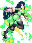  1girl ass asui_tsuyu black_eyes black_hair boku_no_hero_academia breasts curvy erect_nipples female frog_girl gloves large_breasts long_hair looking_at_viewer shiny_skin skin_tight smile solo uirou-zazami 