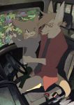  2018 brown_eyes brown_hair canine clothing cub day duo eyewear fluffy fluffy_tail fur glasses hair hi_res inside looking_back male mammal pants ponytail shirt sitting sweater tan_fur taracod young 