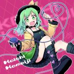  :d adapted_costume aqua_hair black_footwear black_hat boots bow character_name choker collarbone commentary_request diamond_(shape) frilled_skirt frilled_sleeves frills gradient_hair green_eyes green_hair green_skirt hat hat_bow heart heart_of_string jacket koishi_day komeiji_koishi long_hair looking_at_viewer mikagami_hiyori multicolored_hair open_mouth pink_background skirt smile solo third_eye touhou yellow_bow yellow_jacket 